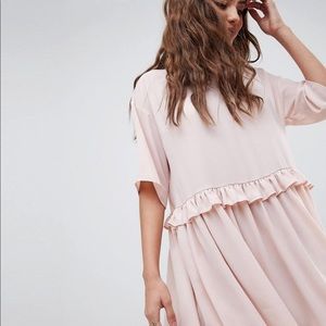 ASOS Design Mini Smock Dress with Frill waist-Pink